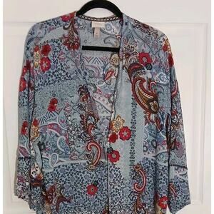 Knox Rose Boho Open Front Kimono Duster Blue Red Floral Size M/L